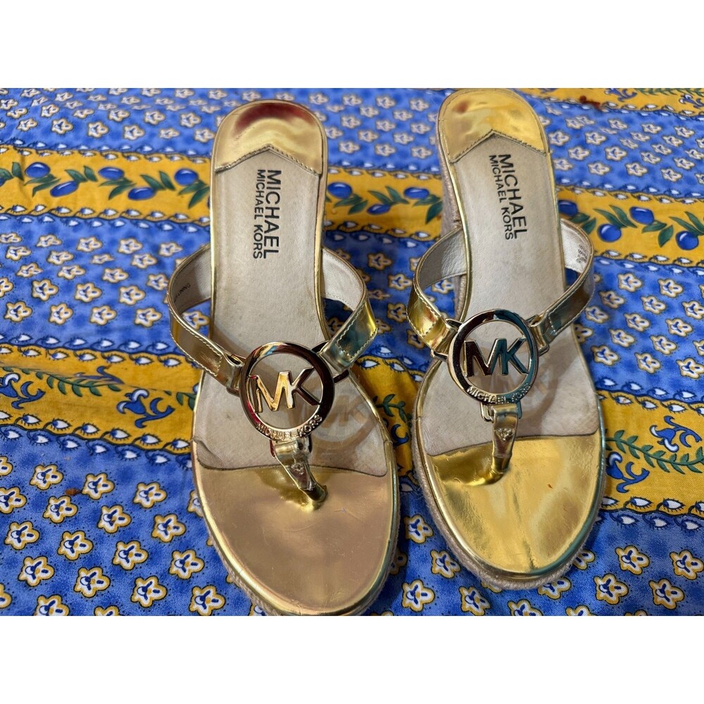 Michael Kors  Gold Espadrille Wedges with Gold Logo Size 6
